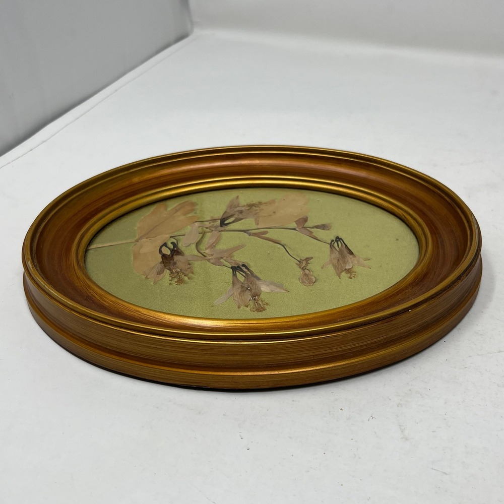 Vintage Dried Pressed Flower Botanical Wall Art Gold Oval Frames Set of 2 Green - Picture 5 of 6